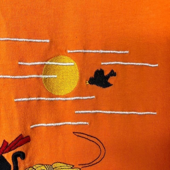 BASIC Editions Vintage 90s Halloween Witch Broom Cat Orange Long Sleeve Tee Sz M - Picture 6 of 16